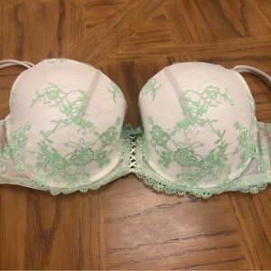 Victoria's Secret Green and White Rhinestone Lace Padded Demi Bra 34D